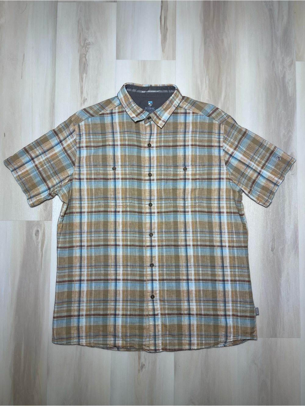 Kuhl Shirt Men’s Sz L Brown Blue Plaid S/S Linen Blend Outdoor Button Hiking